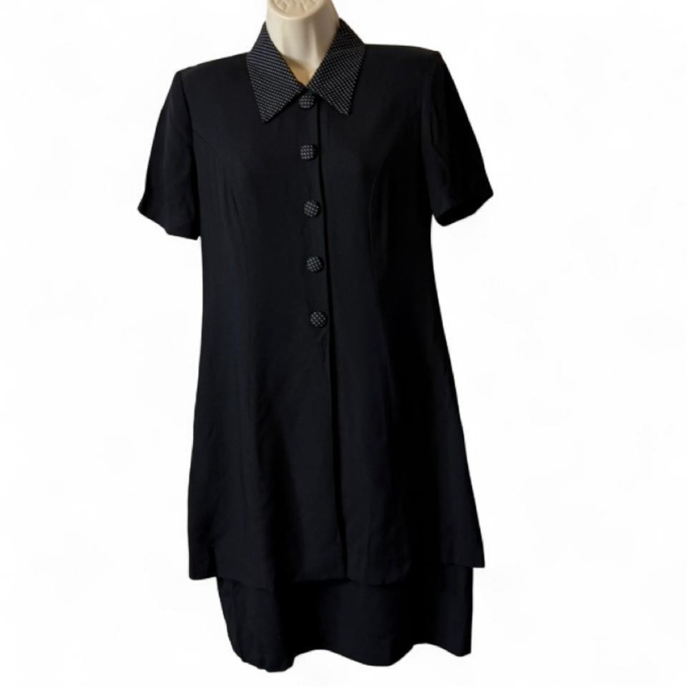Vintage 80s/90s Virgo II Black Polka Dot Trim Dress, Women's Size 12